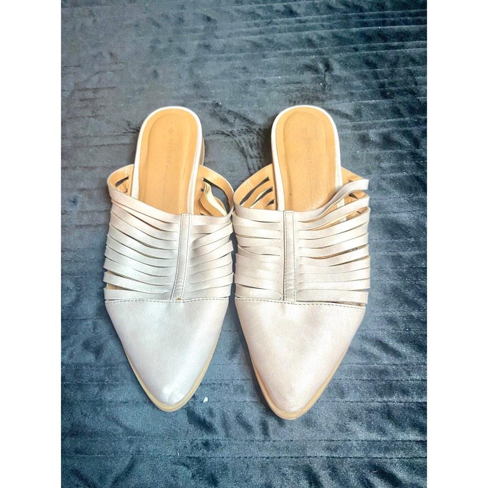 Report Womens Beige Pointed Toe Caged Multi Strap Mules Size 7
